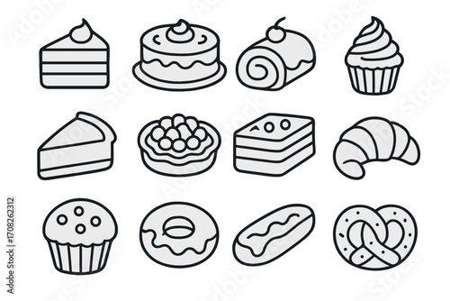 Bakery and pastry line icon collection. Sweet desserts, cakes, and baked goods. Vector icons for cake, donut, croissant, cupcake, pie, muffin. Editable stroke for web and print.