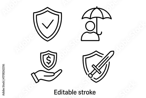 Insurance and protection line icon set. Concepts of security, defense, safety, and financial guarantee. Vector icons including shield, umbrella, and sword. Editable stroke design.