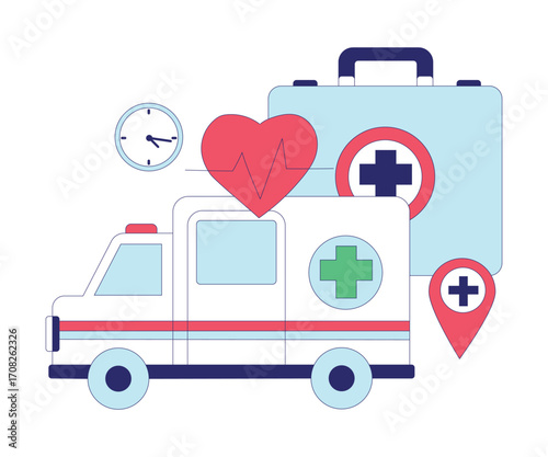 Medicine with Ambulance Car and First Aid Kit Vector Illustration