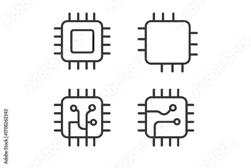 Chip outline web line icons collection. Editable stroke. CPU, processor, microchip pictogram for apps. Technology hardware computer component vector. AI concept symbol set.