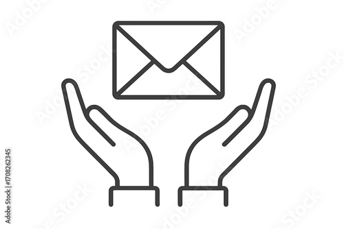 Hands holding mail envelope, thin line icon. Email message in hands. Contact us. Concept for communication, sending and receiving letter, newsletter, post service, support.