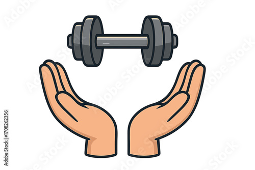 Dumbbell in open hands vector icon. Fitness support, health care, and wellness concept. Symbol for gym, workout, strength training, weightlifting, and healthy lifestyle.