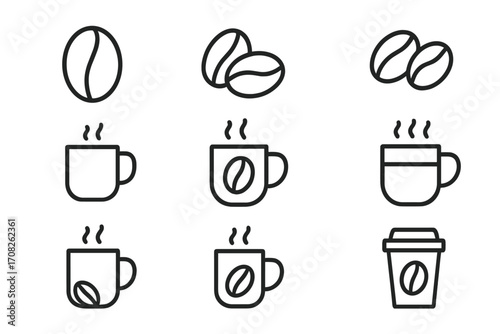 Coffee line icon set. Simple outline vector symbols for coffee shop menu, cafe, and web design. Minimalist pictograms of espresso mug, hot drink, cappuccino cup, and beans.