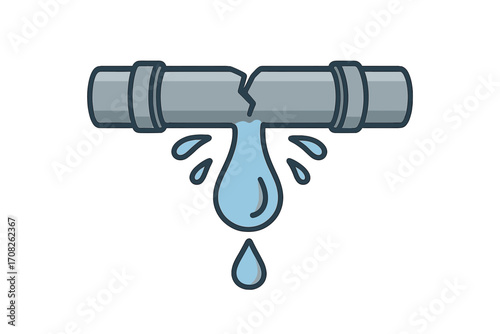 Water leak from broken pipe icon. Vector cartoon illustration of a burst pipeline. Plumbing problems, water damage, and home repair emergency concept. Dripping water from cracked tube.