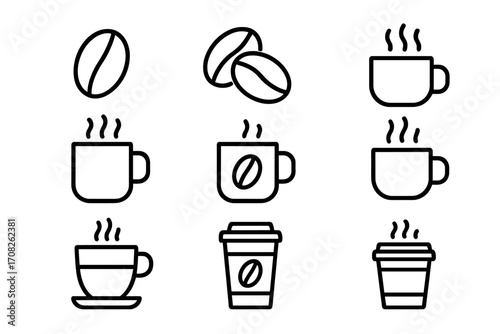 Coffee line icon set. Hot drink, steaming mug, cup and bean outline icons. Vector graphic for cafe menu, web design, mobile app, espresso and cappuccino symbols.