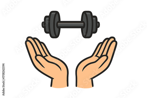 Hands offering a dumbbell. Fitness, gym, and healthy lifestyle concept. Vector icon for strength training, exercise, and bodybuilding. Support for a healthy body and workout.