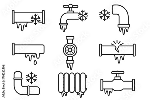 Frozen pipes line icon set. Winter plumbing problems concept. Burst pipe, frozen faucet, radiator, icicle, leak. Water damage, heating system repair, emergency plumber service.