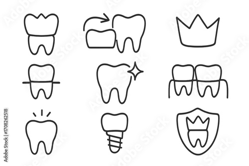 Dental crown and implant line icon set. Vector illustration for dentistry, stomatology clinic, and oral care. Tooth protection, clean tooth, and dental bridge symbols.