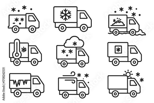 Winter delivery truck line icon set. Snow, cold weather logistics and shipping symbols. Vector outline icons for transport, freight, emergency, snowplow and refrigerated van.