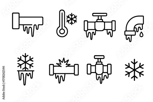 Set of frozen pipes line icons. Winter plumbing problems, burst pipe, cold temperature, frost damage, freezing water vector symbols. Outline pictogram collection.