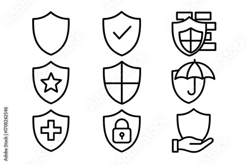 Shield icon set. Line icons for security, protection, defense, and insurance. Vector symbols for web and app design. Concepts for data safety, privacy, and health guarantee.
