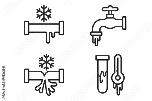 Frozen pipe icon set. Winter plumbing problems line icons. Burst water pipe, frozen faucet, cold temperature thermometer, frost damage vector illustration for web and apps.