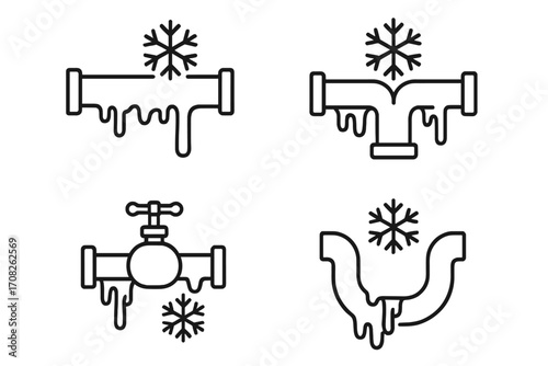 Frozen pipes line icon set. Winter plumbing problem. Water pipe freeze burst damage vector. Cold temperature frost ice symbol. Pipeline icicles outline illustration pack.