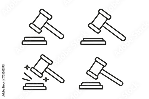 Judge gavel outline icon set. Law and justice symbols. Court hammer for verdict, auction, or legislation. Editable stroke vector illustration for web and infographics.