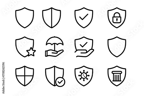 Shield icon set. Line icons of protection, security, insurance. Vector symbols for safety, defense, guarantee. Includes concepts like padlock, antivirus, and bank icons.