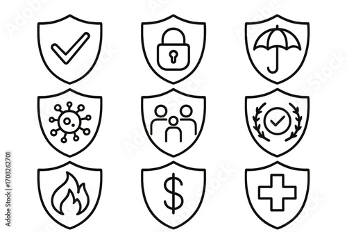 Shield protection line icon set. Security, insurance, safety concepts. Vector outline symbols for finance, health, family, and data privacy. Web, app, graphic design elements.