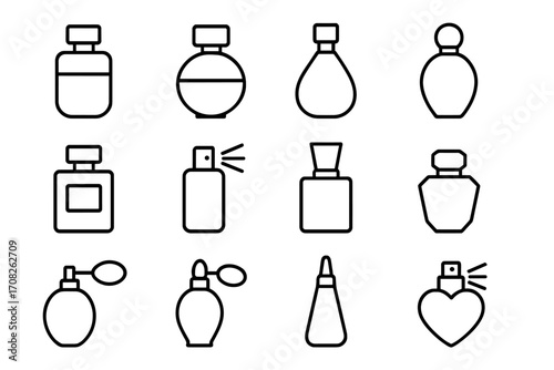 Perfume bottle line icon set. Fragrance, cologne, and scent sprayer outline pictograms. Minimalistic linear symbols for beauty, cosmetics, web and graphic design. Vector.