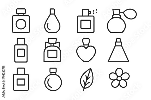 Perfume bottle and fragrance line icon set. Cosmetic and beauty product symbols collection. Vector outline pictograms for web and graphic design, apps. Scent, spray, and aroma.