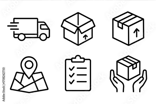 Delivery and shipping service line icon set. Logistics and transportation signs. Express truck, package, order tracking, and fulfillment symbols for web and app design. Vector.