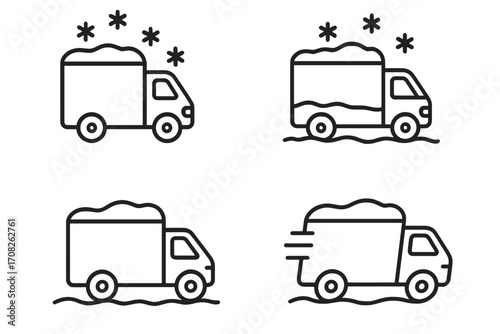 Winter delivery truck line icon set. Snow removal service, logistics and shipping vehicle pictogram collection. Fast transport and freight van outline vector symbols for web.