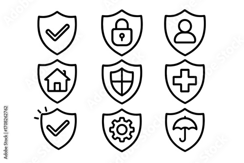 Set of protection line icons. Shield with check mark, lock, person, house, cross, gear, umbrella. Concept of safety, security, insurance, defense, guarantee, privacy.