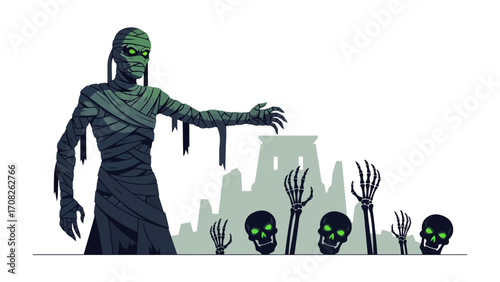 Mysterious Ancient Mummy: A captivating artistic rendition of a formidable mummy, entwined in aged bandages, emerges from a shadowy realm alongside menacing, eerie undead, and glowing eyes.