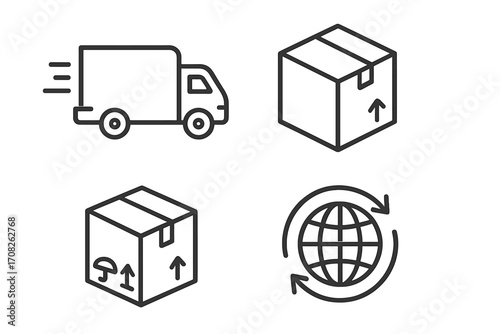 Delivery line icon set. Logistics and shipping thin line symbols. Truck, package box, global shipping, fragile sign. E-commerce, freight transport, courier service vector icons.