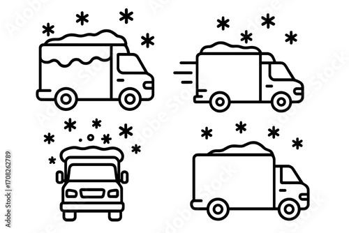 Delivery truck snow line icon pack. Winter shipping logistics signs. Lorry transport in snowstorm vector. Van driving in cold weather. Fast delivery pictogram for web, app.