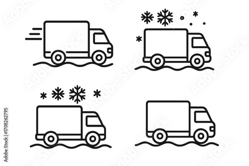 Delivery truck icon set for logistics and shipping. Fast van courier service symbol. Winter snow freight transport sign for web, app design. Commercial vehicle vector line art.