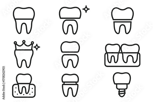 Dental crown line icon set. Dentistry, stomatology signs. Tooth implant, bridge, healthy tooth, gingivitis. Oral care and hygiene. For web design, apps, ads. Vector.