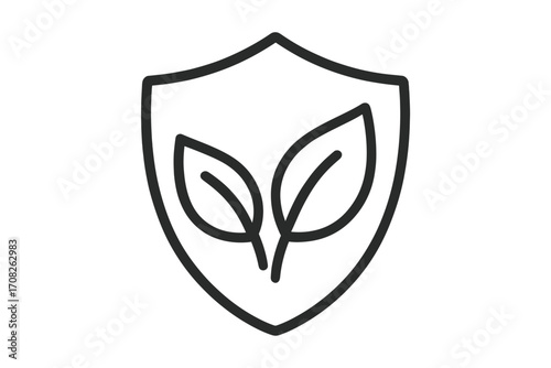 Shield outline with two leaves icon, eco protection symbol, nature safety emblem, environmental defense vector illustration for graphic design, web, apps, adverts, cards