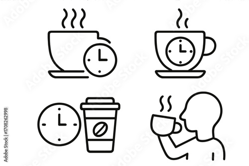 Coffee break time line icon pack. Concept for morning routine, caffeine energy boost, and office work pause. Outline vector signs for web design, apps, and infographics.