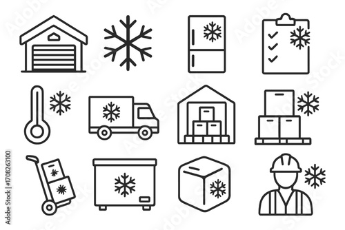 Freezer warehouse cold chain logistics icon set. Vector outline symbols of refrigerated truck, frozen food storage, worker, thermometer, snowflake for web and apps.
