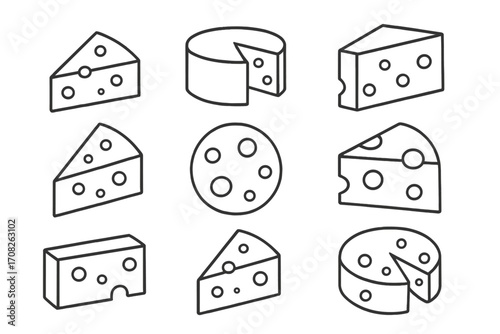 Pack of Line Icons of Cheese with Holes, Minimalist Linear Style for Web and Graphic Design, Apps, Banners, Social Media, Cards, Vector Cartoon Illustration Set