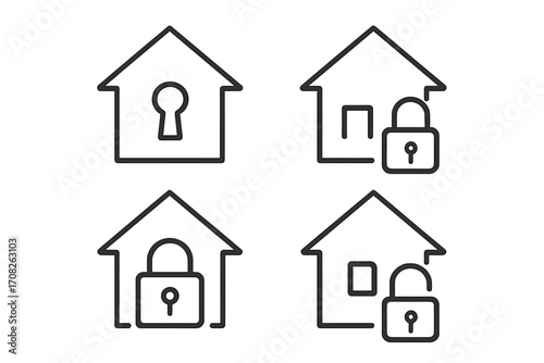 Home security line icon set. House with lock, padlock, and keyhole pictogram. Property protection and real estate safety concept. Secure access control vector illustration.