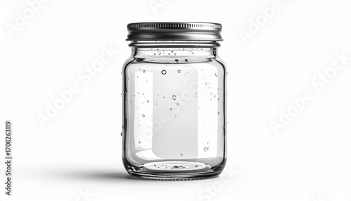 Render a clear glass mason jar with metal screw-on lid and water droplets on surface, centered against white background, emphasizing household utility, freshness, and minimalist design clarity.