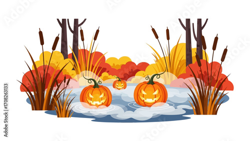 Halloween Pumpkins in Scenic Autumn: A captivating illustration shows grinning pumpkins floating in a serene lake amidst colorful autumn foliage.