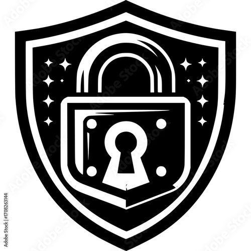 Secure Emblem: A symbolic representation of security and protection, this emblem depicts a solid shield emblazoned with a prominent padlock, a metaphor for safety.