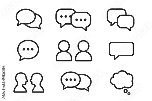 Communication line icon set. Chat speech bubble, message, dialogue outline vector signs. People talking, user profile, forum, support, comment, and feedback symbols for web.