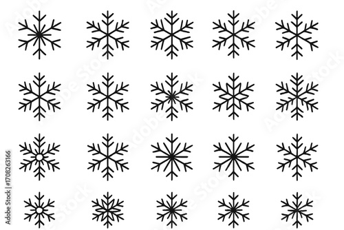 Snowflakes thin line icon set. Collection of winter snow flake outline signs for graphic and web design. Christmas and New Year decoration elements. Vector frost symbols.