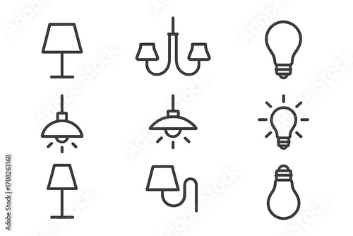 Set of minimalist linear vector icons of lamps, chandeliers, light bulbs, pendant lighting, wall sconces, and illumination symbols for web, graphic design, apps, banners, and social media cards