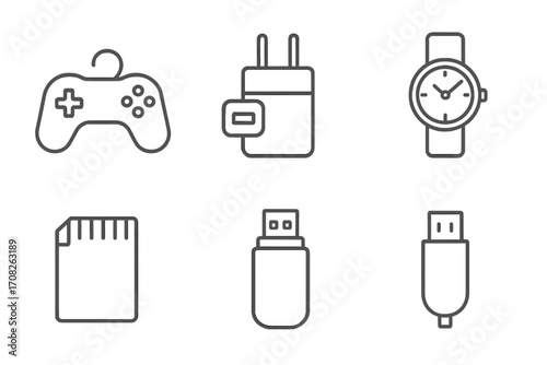 Technology gadgets line icon set. Gamepad, charger, watch, memory card, usb flash drive. Digital devices and accessories outline symbols. Editable stroke vector illustration.