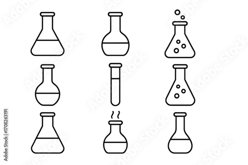 Laboratory flask icon set for science and chemistry. Outline vector icons of lab glassware, beaker, and test tube. Chemical experiment, research, reaction, and analysis symbols.