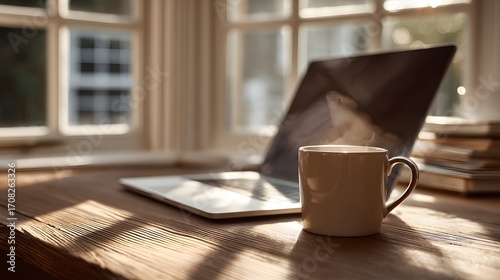 Remote Work Setup Cozy workspace with a laptop and a coffee cup by the window, inviting relaxation and productivity.