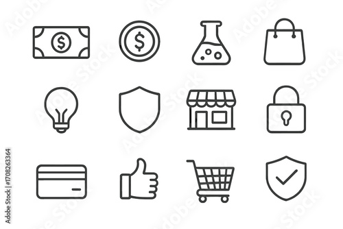 Simple line icons set for business and e-commerce. Finance, shopping, security and lab concepts. Includes money, cart, credit card, shield and lightbulb. Editable stroke.