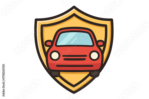 Red car shield protection icon. Vehicle safety emblem. Auto insurance symbol. Transportation security badge. Cartoon vector illustration isolated on transparent background. Order set 2.