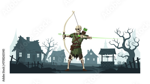 Skeleton Archer in Spooky Town: A skeletal archer stands ready to fire, bow drawn with spectral arrows, as a chilling atmosphere descends on a quaint town, captured with a fantastical digital artwork.