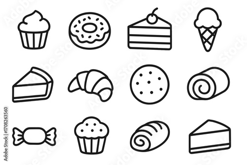 Pastry and dessert icon set. Simple outline collection of sugary food for bakery. Linear vector icons: cake, donut, pie, ice cream, croissant, cookie, candy, muffin, roll.