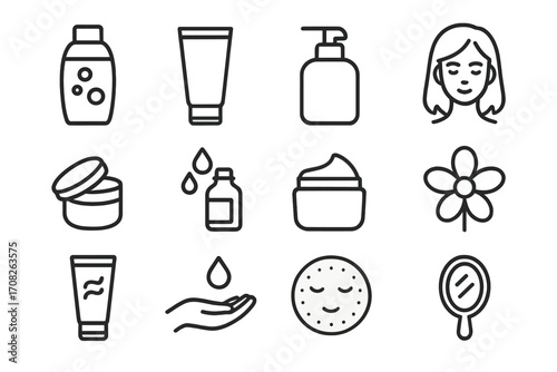Shampoo gel skin care beauty icons line set, minimalistic linear pictogram collection for web, apps, banners, social media, graphic design, cosmetics, personal care vector