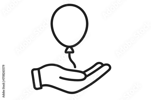 Hand holding balloon icon outline. Floating party balloon vector illustration. Celebration, festive inflatable balloon design for graphic and web, apps, adverts, card decoration.